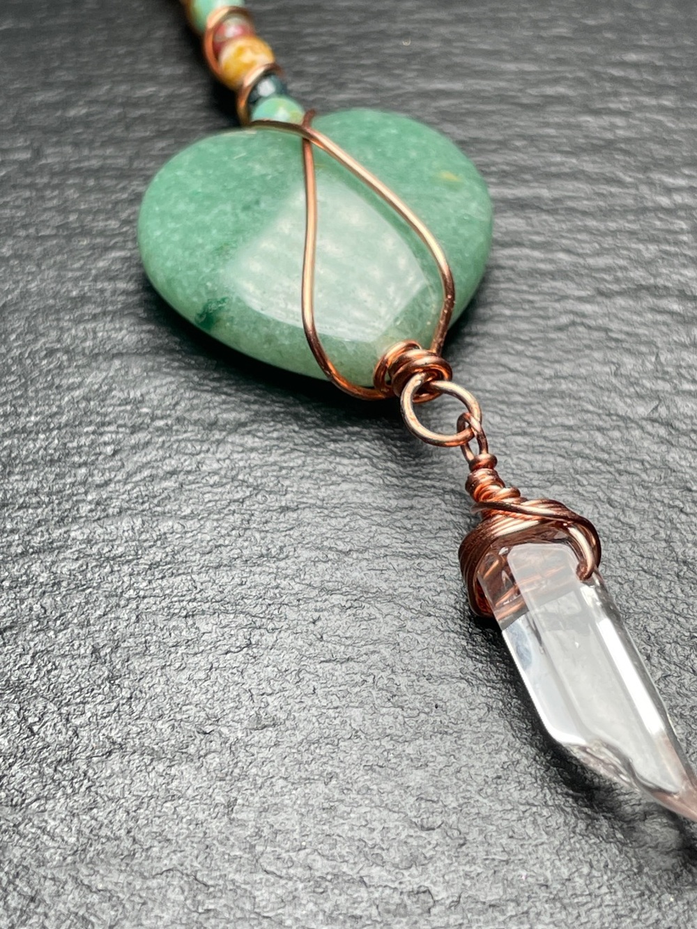 Handmade Aventurine Heart Keychain with Clear Quartz Point - Picture 5 of 10